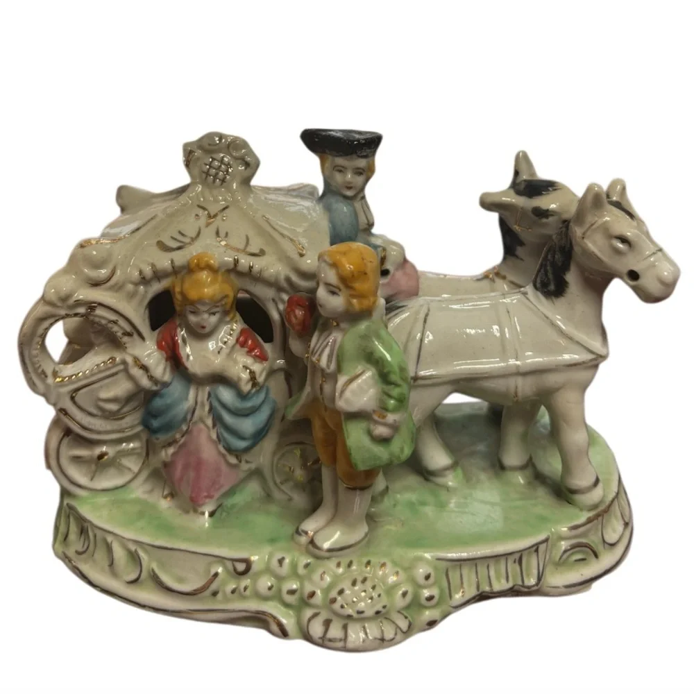 Vintage Courting Couple Horse Carriage Antique Porcelain Figurine Made in Japan